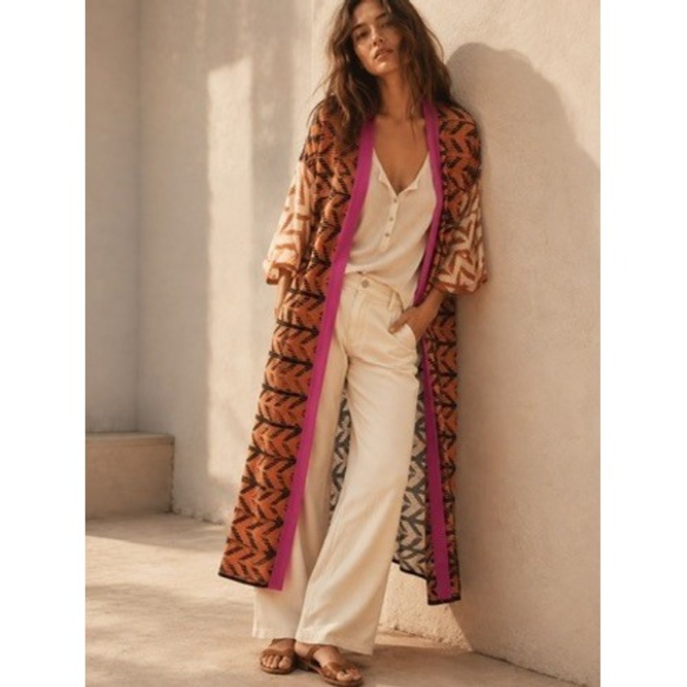 Sita Murt Geometric Chevron Longline Cardigan Kimono Orange Purple Pink Size 6